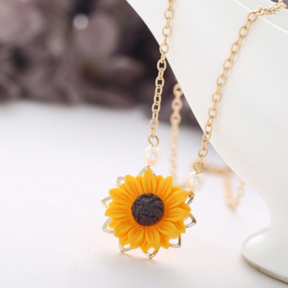 Sunflower Necklace with Gold Plated Chain and Pearl Accents - Picture 1 of 6